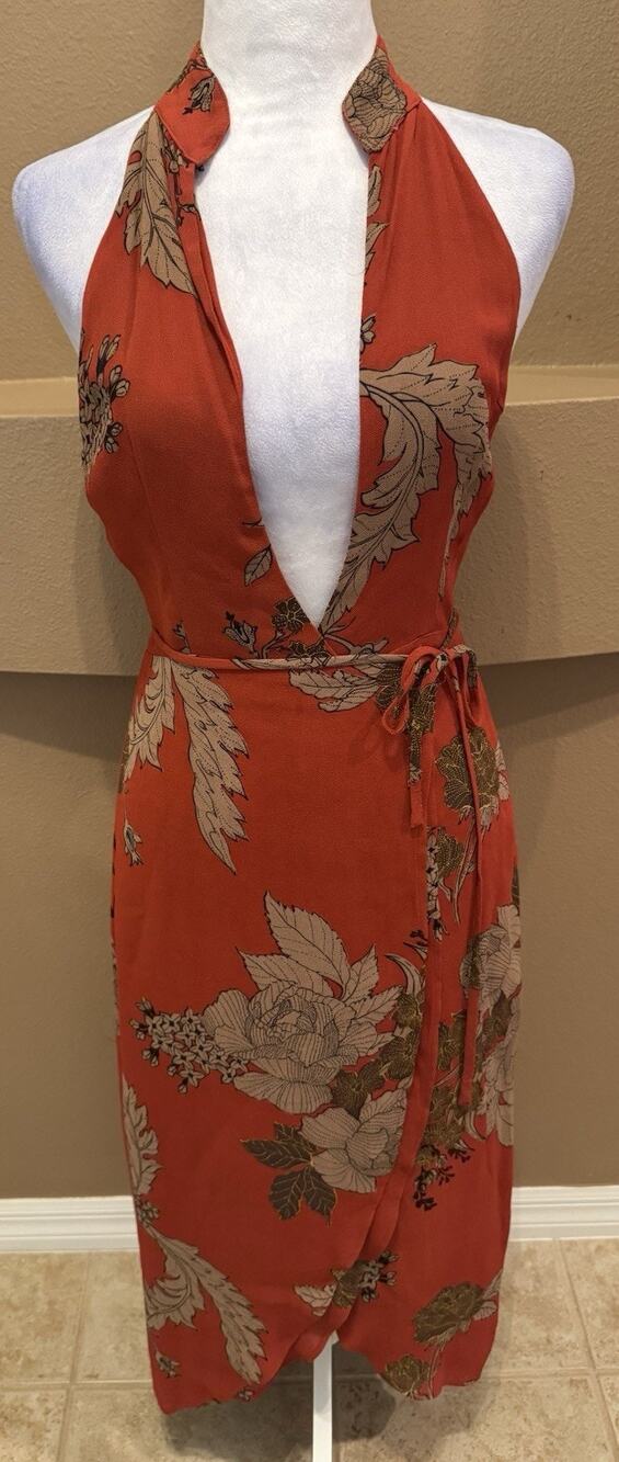 Reformation Burnt Orange Floral Halter Wrap Midi Dress Sleeveless Size S
